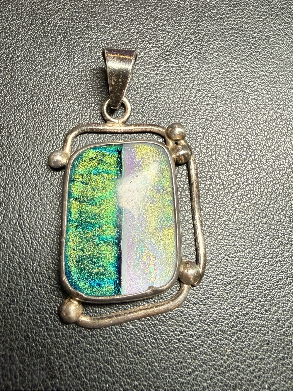 Vintage 950 Silver Dichroic Glass Pendant Bluish Green White 2" 16.6 grams